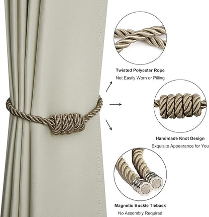 BEL AVENIR Magnetic Curtain Tiebacks, Decorative Drapery Holdbacks Modern Woven Tie-Backs with Exquisite Knot (Flaxen, 6 Pack)