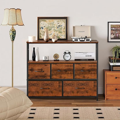 TV Stand, 5 Fabric Drawers Dresser Entertainment Center for TV up to 45 inch Wooden Media Console Table Storage Organizer with Open Shelf, for Living Room, Bedroom, or Small Space, Brown