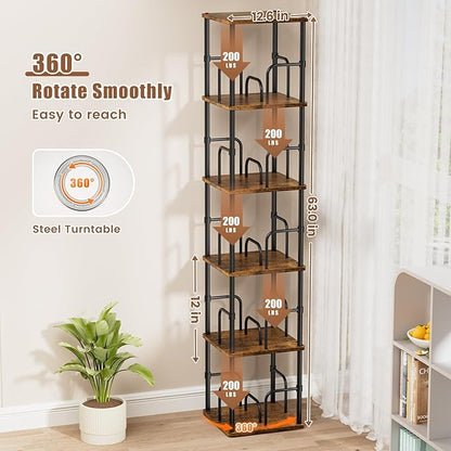 5 Tier Square Rotating Bookshelf, 360 ° Display Stackable Spinning Bookshelf Tower, Space Saving Tall Floor Standing Swivel Bookcase Corner Storage Organizer for Living Room, Rustic Brown, Small Size