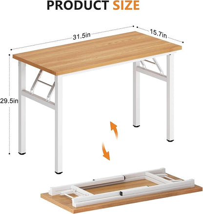 DlandHome Folding Desk - 31.5 Inch Small Computer Desk for Home Office - Folding Table Writing Table for Small Spaces - No Assembly Required - Teak & White Frame