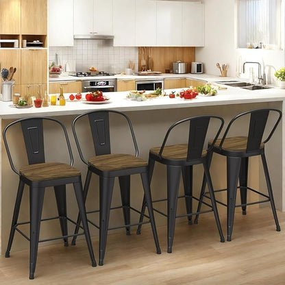 Metal Bar Stools Set of 4, High Back Bar Stools with Wooden Seat, 26 inch Black Barstools for Kitchen Island