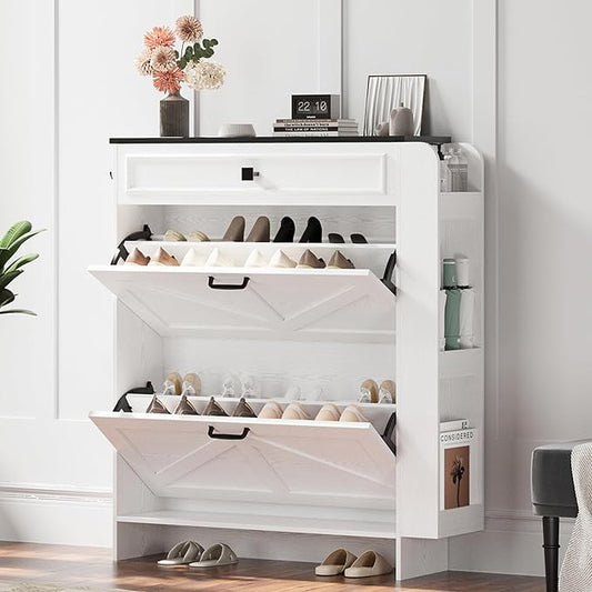IRONCK Shoe Storage Cabinet with 2 Flip Drawers & Barn Door Design, Freestanding Shoe Cabinet Organizer with Drawer and Shelves for Entryway, Farmhouse Shoe Rack Cabinet, White/Black
