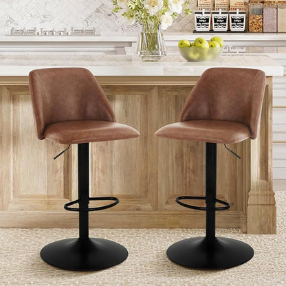 COLAMY Bar Stools Set of 4, Modern Swivel Bar Chairs, Adjustable PU Leather Upholstered Barstools Counter Height with Full Backrest for Bar, Dining Room, Kitchen Island, Brown