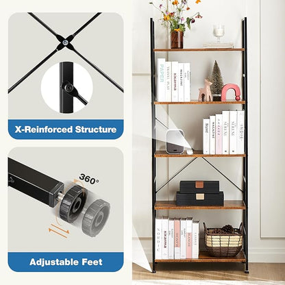 DUMOS 5-Tier Book Shelf Tall Modern Bookcase Set of 2 for Books, CDs, Movies, Storage and Organization Bookshelf Industrial Home Decor for Bedroom Office Kitchen Living Room, Black & Brown