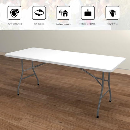 2 PCS 70.8" W X 29" D X 29" H - 6 ft White Folding Table White Portable Heavy Duty Plastic Fold-in-Half Utility Foldable Table for Camp，Picnic & Party