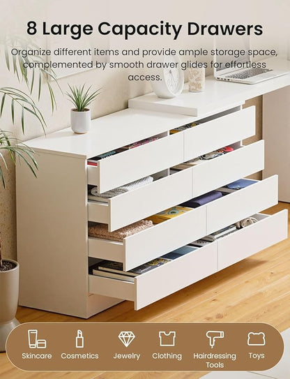 8 Drawer Vanity Dresser Combo with Extendable Table & L-Shaped Desk, White MDF Large Dresser for Bedroom, Adjustable Makeup Dressing Table with Wide Storage, Desk and Vanity Combo for Small Spaces