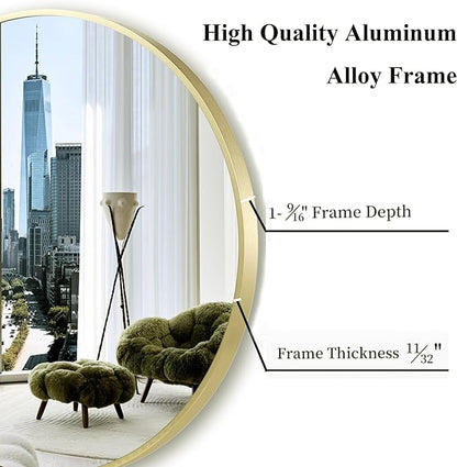 28 inch Gold Frame Mirror for Wall, Brushed Matte Gold Metal Round Mirror for Bathroom Vanity, Bedroom Decor, Living Room, Entryway