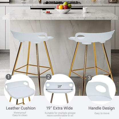 Sidanli Bar Stools Set of 2, Gold Bar Stools, Counter Height Stools with Leather Padded Seats and Footrests, 26 Inch White Barstools for Kitchen Island, Farmhouse or Home Bar