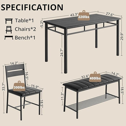 IRONCK Dining Table Set for 4, Kitchen Table with Upholstered Bench and 2 Chairs, Kitchen Table and Chairs Set for Small Space, Apartment, Black