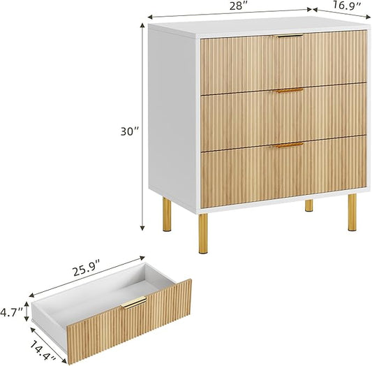 GarveeHome Natural Dresser, Modern 3 Drawer Dresser for Bedroom with Gold Handle and Large Drawer, Wood Double Chest of Drawers and Storage Organizer for Living Room, Hallway, Entryway