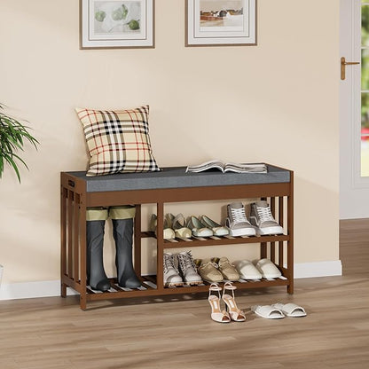 Shoe Rack Bench with Cushion,2 Tiers Shoe Bench with Flip-Top Storage,Wood Shoe Rack for Entryway, Hallway, Bedroom, Front Door Entrance (Brown)