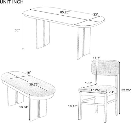 Merax Farmhouse Wooden Dining Set of 6, 65 Inch Rectangular Kitchen Table, Upholstered 4 Chairs with Backrest, Bench with Cushion, Easy Assemble, Espresso