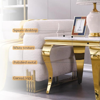 End Table, White and Gold Side Table for Living Room, Bedroom, Glam Stable End Table with Square White Top and Polished Gold Cabriole Legs, Set of 4