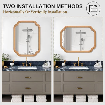 Natural Wood Framed Mirror,18X24 Inch Bathroom Mirror for Over Sink Wood Mirror for Bathroom Modern Rounded Corner Rectangle Wall Mounted Mirror for Bathroom (Horizontal/Vertical)