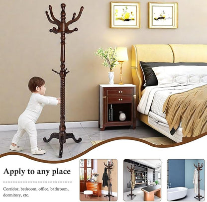 Coat Rack Stand, Solid Wooden Coat Tree with 11 Hooks, Heavy Duty Coat Rack Freestanding with Sturdy Round Base, Natural Birch Wood Coat Hanger Stand for Entryway Bedroom (triangles)