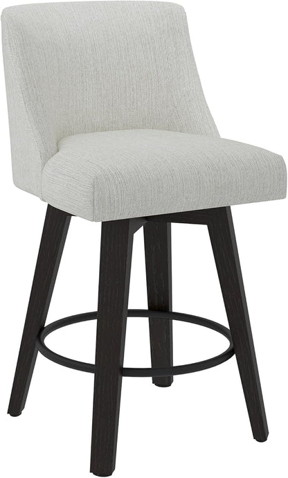 Counter Height Swivel Bar Stools Set of 6, 26 Inch Bar Stools with Footrest, Linen Fabric Upholstered Barstools with Back and Solid Wood Legs for Kitchen Island, Dining Room,Pub,White