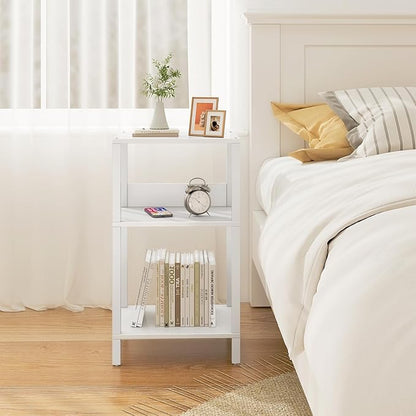 TUTOTAK Record Player Stand with Storage Up to 100 Albums,Record Storage Table,3 Tier End Table,Side Table for Living Room, Bedroom, White TB01BW075