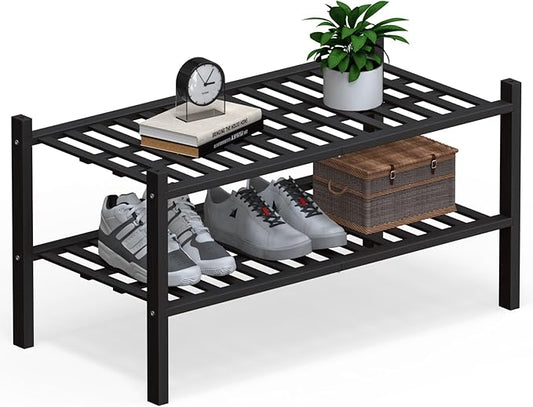 Haddockway Large 2 Tier Bamboo Shoe Rack Storage Organizer, Multifunctional Free Standing Stackable Shoe Shelf with Grid Panel for Closet,Hallway,Entryway,Small Space 27"x12"x14"(Black, 2-Tier(Large))