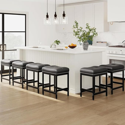 MALOL Set of 6 Saddle Bar Stools Counter Height 24.4”, Black Backless Barstools for Kitchen Island, Modern PU Leather Cushioned Seat, Bar Chairs for Kitchen Counter, Breakfast Bar Stools for Home