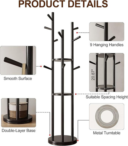 Solid Wood Rotary Coat Rack, Freestanding Coat Rack with 3 Shelves and 9 Hooks, Coat tree for Bedroom, Entryway, Livingroom, Coat Hanger Stand for Coats, Scarves, Handbags (Black)