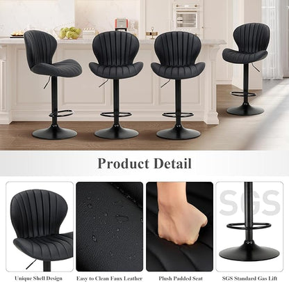 COLAMY Bar Stools Set of 3, Modern Swivel Bar Chairs, Adjustable Faux Leather Upholstered Barstools Counter Height with High Backrest for Bar, Kitchen Island, Dining Room, Black