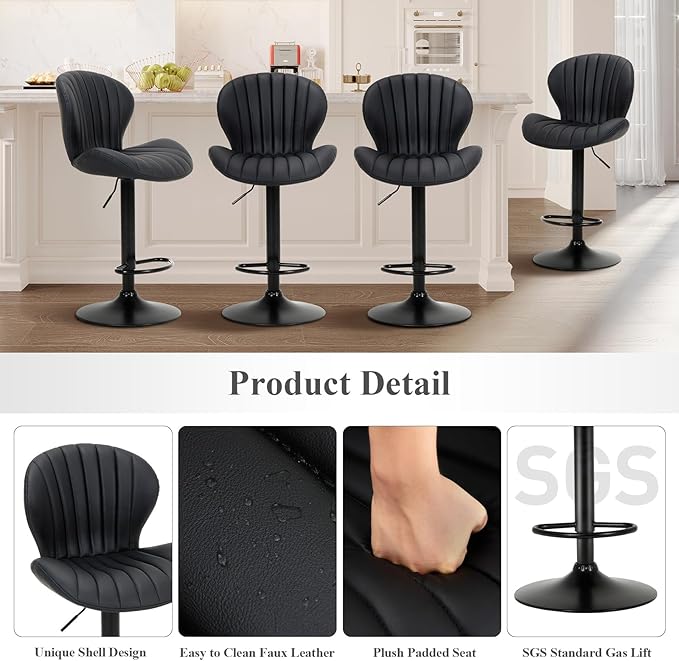 COLAMY Bar Stools Set of 4, Modern Swivel Bar Chairs, Adjustable Faux Leather Upholstered Barstools Counter Height with High Backrest for Bar, Kitchen Island, Dining Room, Black