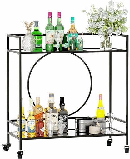 RiteSune Black Bar Cart with Wheels, Vintage Serving Cart Wine Cart with 2 Mirror Shelves, Alcohol Cart Liquor Bar Carts for Home Bar