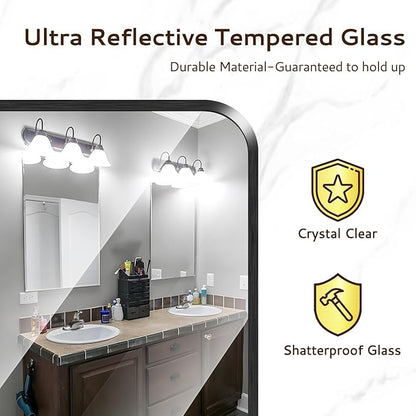 20x28 Rounded Rectangle Bathroom Mirrors for Over Sink, Black Vanity Mirror with Metal Frame Wall Mounted, Modern Farmhouse Mirror for Restroom, Bedroom, Entryway Decor