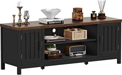 ChooChoo Farmhouse TV Stand for Televisions up to 65 inches, Entertainment Center Console Table Media Furniture with Storage Cabinets and Open Shelves, Fluted Door, for Living Room Bedroom, Black