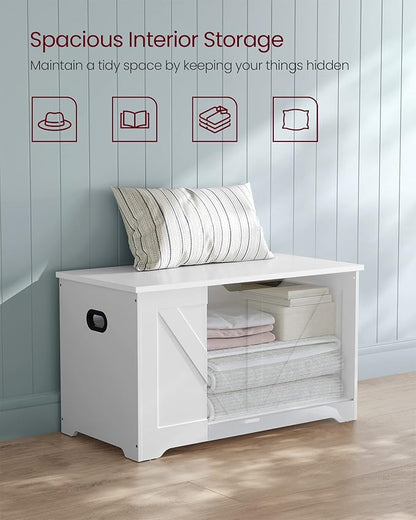 VASAGLE Storage Chest, Storage Trunk with 2 Safety Hinges, Storage Bench, Shoe Bench, Farmhouse Style, 15.7 x 31.5 x 18.1 Inches, for Entryway, Bedroom, Living Room, Cloud White ULSB062T14