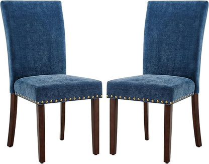 COLAMY Upholstered Parsons Dining Chairs Set of 4, Fabric Dining Room Kitchen Side Chair with Nailhead Trim and Wood Legs - Dark Blue