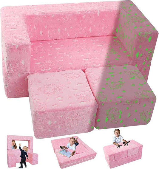 MeMoreCool Glow-in-The-Dark Unicorn Kids Modular Play Couch Sofa – Convertible Fold-Out Plush Foam Toddler Chair for Children’s Playroom