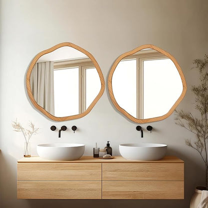ULIKE Round Wood Mirror, 30 Inch Asymmetrical Circle Vanity Mirror with Wood Frame, Rustic Decorative Wall Mount for Bathroom Bedroom Living Room Entryway