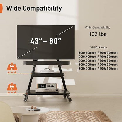 Perlegear Mobile TV Stand with Soundbar Mount, Rolling Floor TV Stand with Wheels for 43-80" TVs up to 132lbs, Mobile TV Cart with Storage Shelves, Tilt Swivel Corner TV Cart Max VESA 600x400mm