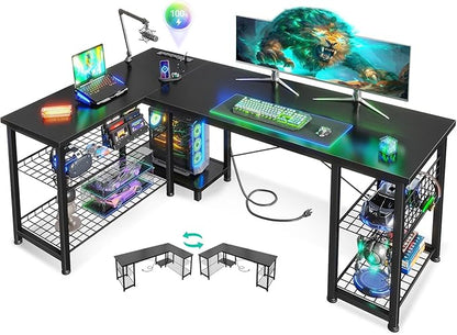 Casaottima 51 Inch L Shaped Gaming Desk with Shelves & Power Outlets, Reversible Computer Desk with Storage Shelves for Home Office, Black