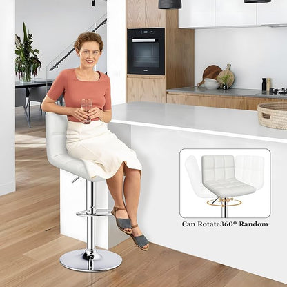 Bar Stools Set of 2,Armless Adjustable Swivel Barstools with Back,6-Squares Double Needle PU Leather Counter Height Bar Stools for Kitchen Island,White