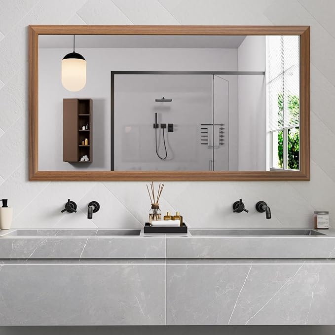 Amorho 72 X32 Inch Bathroom Mirror for Wall, Walnut Wood Grain Metal Framed Mirror, Anti-Rust, Hang Horizontally/Vertically, Suitable for Bedroom, Farmhouse, Bathroom, Decorative