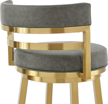 Armen Living Madrid 30" Seat Height Swivel Modern Vintage Gray Faux Leather and Gold Brushed Stainless Steel Bar Stool for Kitchen Island Counter