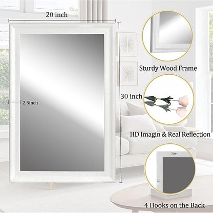 CULER White Wood Wall Mirror for Bathroom,Rectangle 20 x 30 inch Hanging Vatiny Mirrors with Wooden Frame for Living Room,Bedroom,Entryway