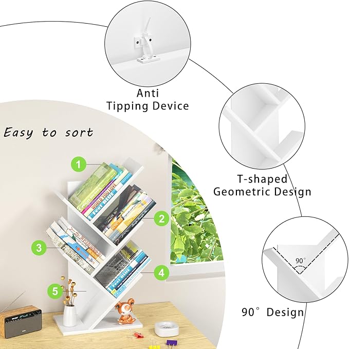 5 Tier Tree Book Shelf, Small Desktop Bookshelf with Storage Organizer, Wood Bookcase, Desk Display Bookshelves, Floor Standing Organizer Bookcases for Living Room,Bedroom,Office-White