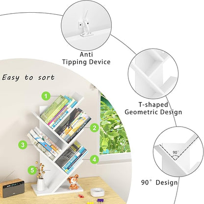 5 Tier Tree Book Shelf, Small Desktop Bookshelf with Storage Organizer, Wood Bookcase, Desk Display Bookshelves, Floor Standing Organizer Bookcases for Living Room,Bedroom,Office-White