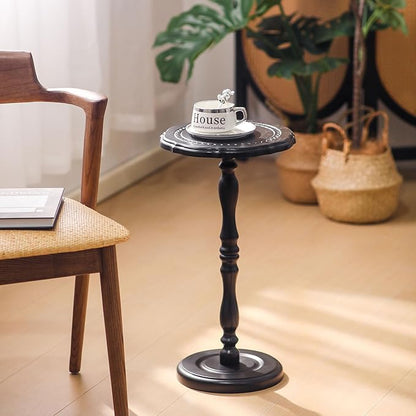 Drink Table, Small Side Table for Small Spaces, Round Solid Wood Modern Accent Nightstand for Living Room, Bedroom, Corners and Office, Black