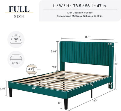 Allewie Full Size Bed Frame/Velvet Upholstered Platform Bed/Vertical Channel Tufted Wingback Headboard/Strong Wooden Slats/No Box Spring Needed/Easy Assembly/Teal
