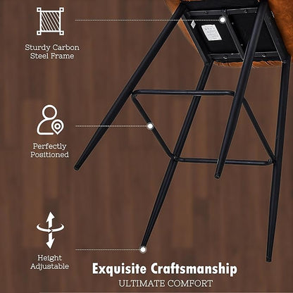VECELO Quilted Bar Stools Set of 2, Bar Height Bar Stools with Back & Footrest, PU Leather with Stitching, Mid-Century Modern, 100% Virgin Cotton, 30" Tall, for Kitchen Home Bar, Caramel Brown