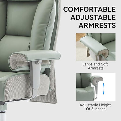 Efomao Big and Tall Green Office Chair 450LBS – Ergonomic High-Back Executive Chair with Footrest, Adjustable Padded Armrests, PU Leather Computer Chair with Lumbar Support for Home or Office，Green