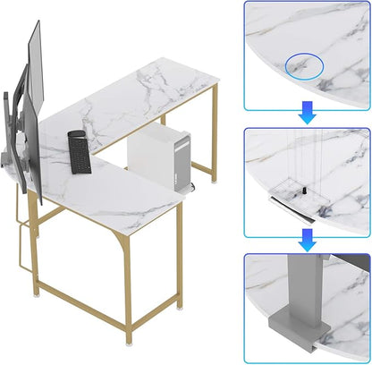 Teraves Reversible L Shaped Desk White - 66.1" Corner Gaming Computer Desk, Office Workstation Modern Home Study Writing Table, Marble Gold
