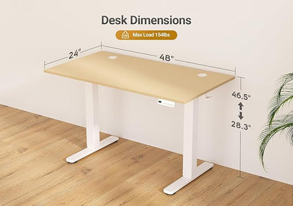 Seang Electric Standing Desk Adjustable Height, 48 x 24 Inch Sit Stand Desk with T-Shaped Frame, 3 Memory Presets & Cable Management for Home Office Computer Workstation, White Frame/Nature Top