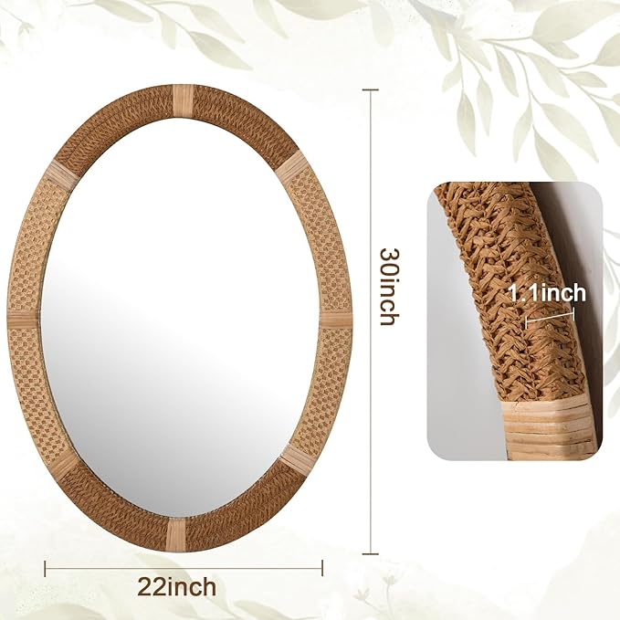 ULIKE Oval Rattan Wall Mirror, 22x30 Inch Rustic Farmhouse Wall Decor with Wicker Frame, Boho Mirror for Nursery Bathroom Bedroom Living Room Entryway