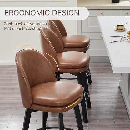 Counter Height Barstools 26 inch Upholstered Swivel Bar Stools with Back and Wood Legs for Kitchen Island,Set of 2,Brown PU Leather-Armless