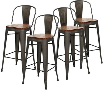 Changjie Furniture 30 Inches Metal Barstools Set of 4 Counter Height Bar Stools Industrial Stools with Backs High Back Chairs for Kitchen Island (30 Inch, Rusty)